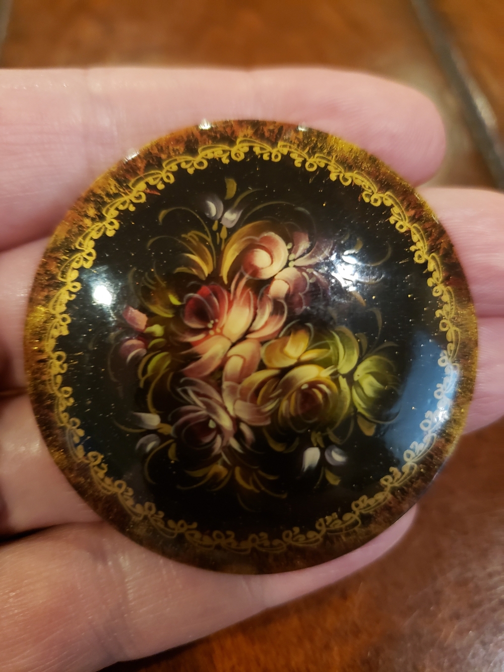 Vtg Floral Hand-Painted Round Brooch in Black with Pink & Gold Accents